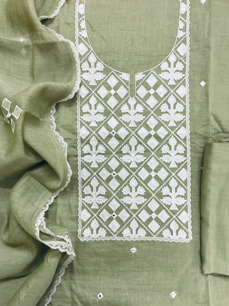 Image of Pure Mul Chanderi Embroidered Suit - Green