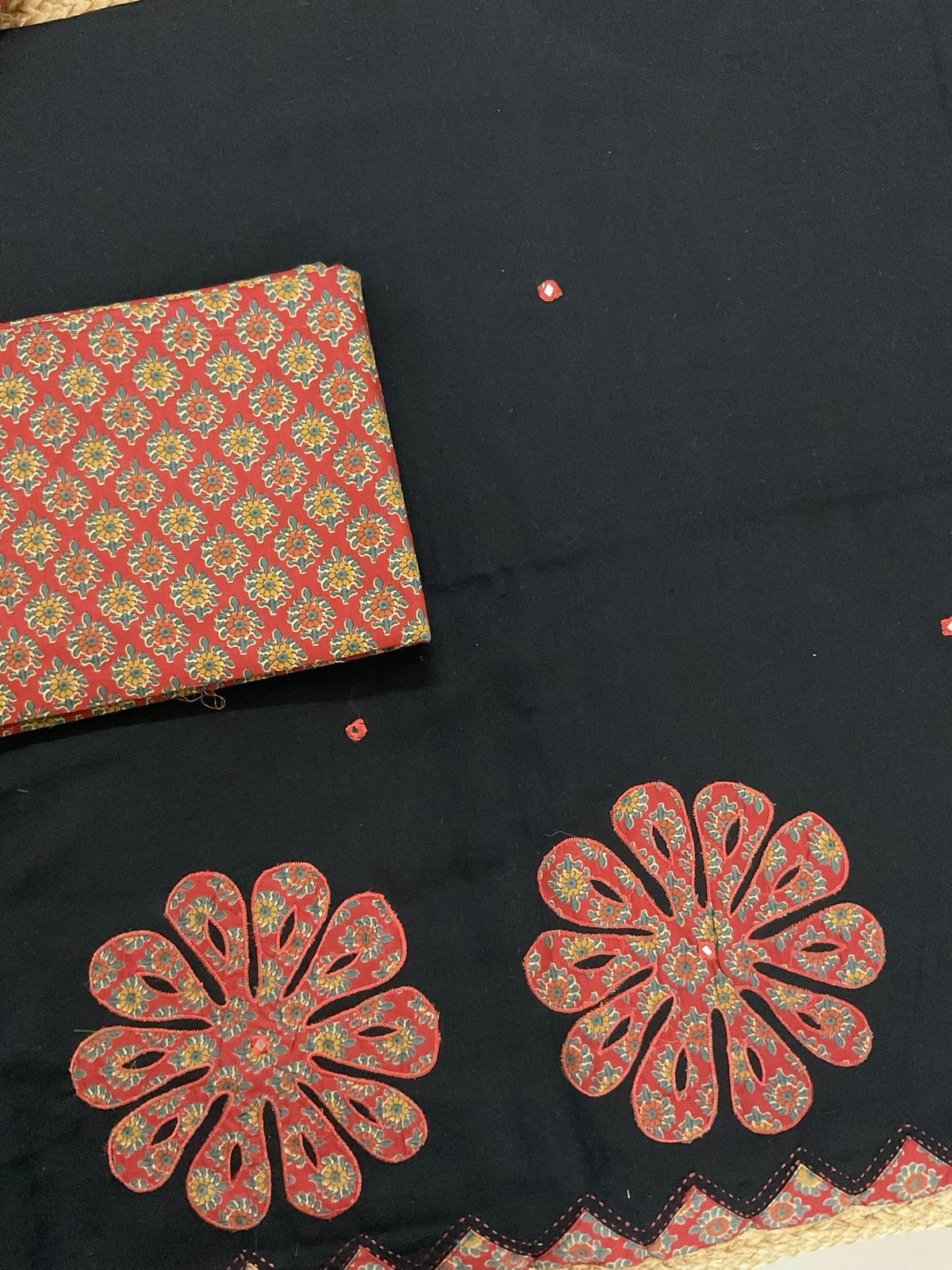 Pure Cotton Printed Embroidered Suit - Black