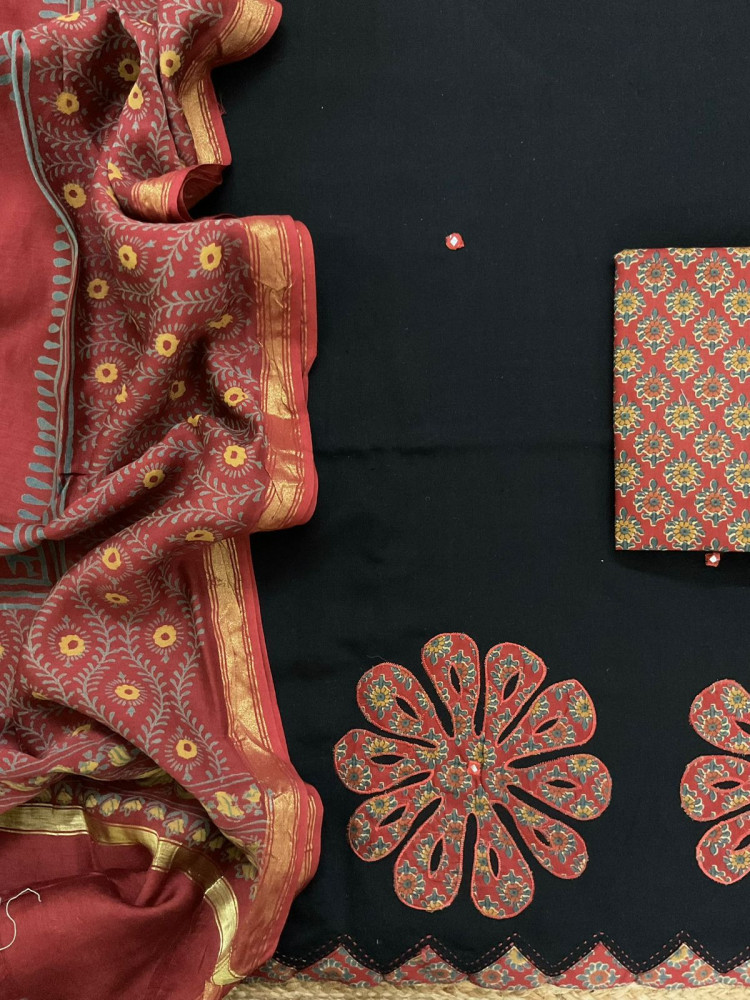 Image of Pure Cotton Printed Embroidered Suit - Black