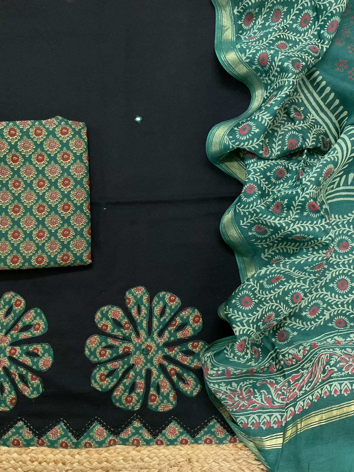Pure Cotton Printed Embroidered Suit - Black