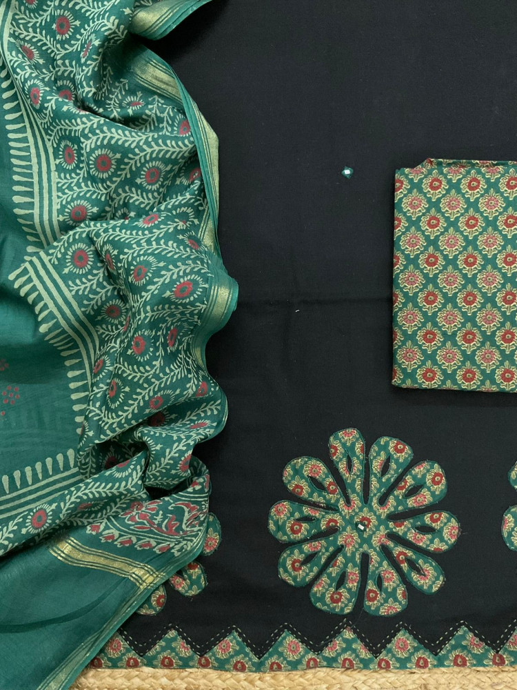 Image of Pure Cotton Printed Embroidered Suit - Black