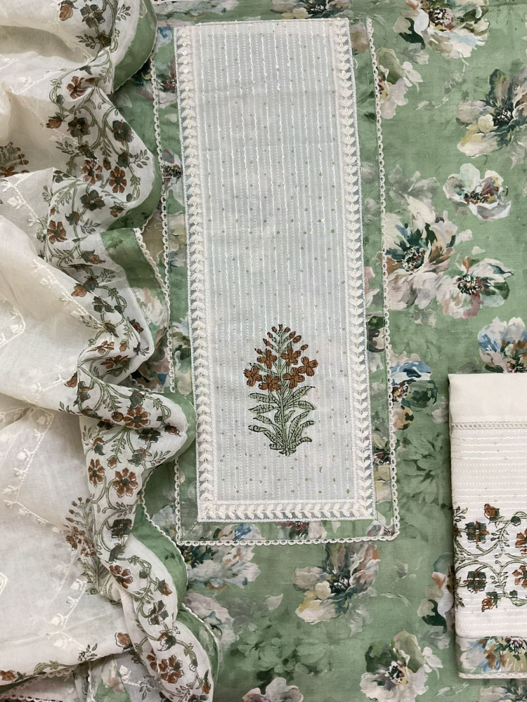 Image of Pure Fine Cotton Silk Printed Embroidered Suit - Green