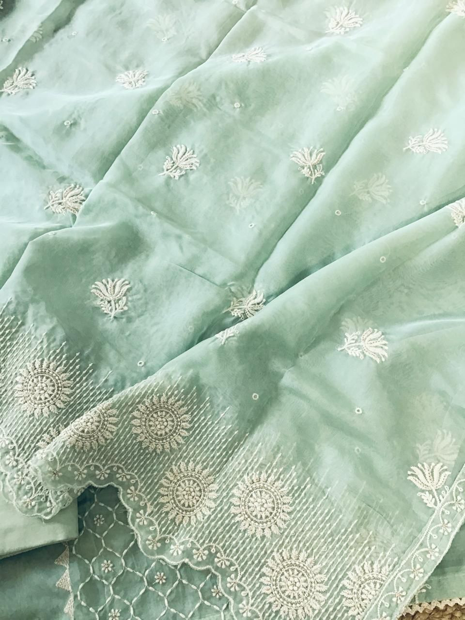 Soft Fine Organza Embroidered Suit - Green