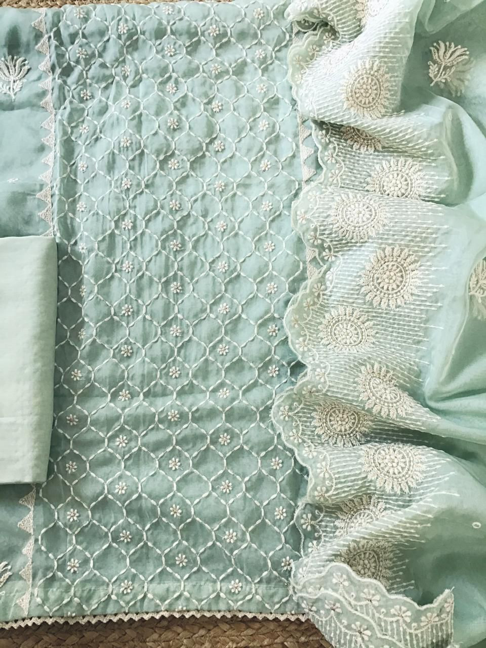 Soft Fine Organza Embroidered Suit - Green