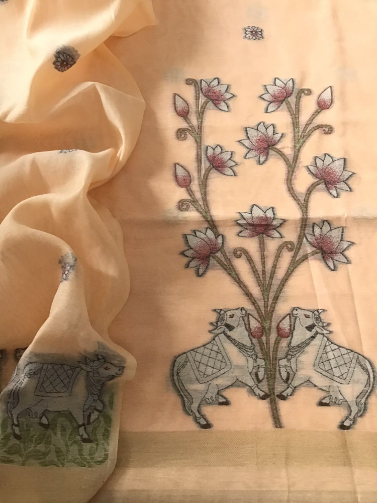 Image of Soft Slub Chanderi - Jamdani Weaved Suit - Peach