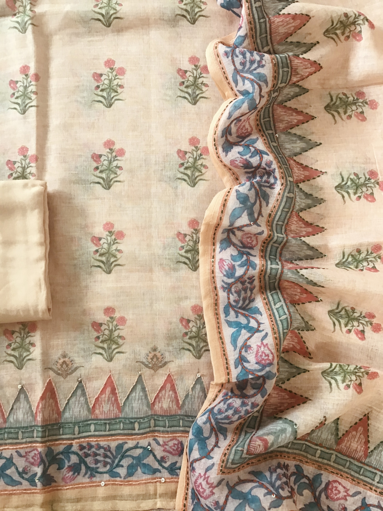 Soft Semi Linen Jute Cotton Printed Embroidered Suit - Yellowish Peach