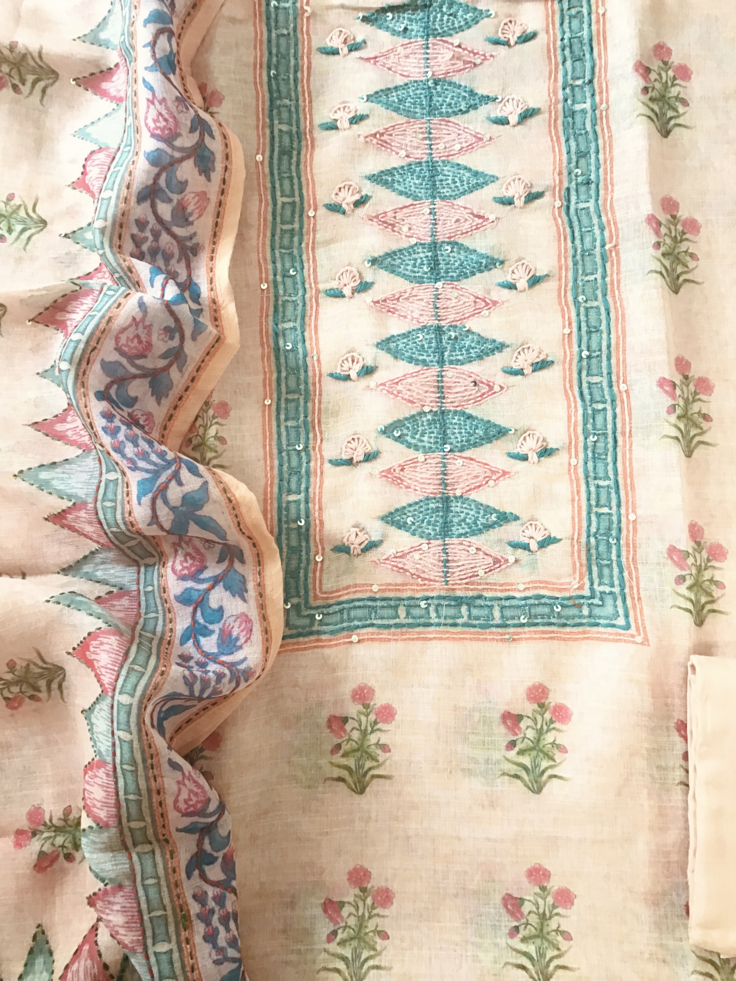 Soft Semi Linen Jute Cotton Printed Embroidered Suit - Yellowish Peach