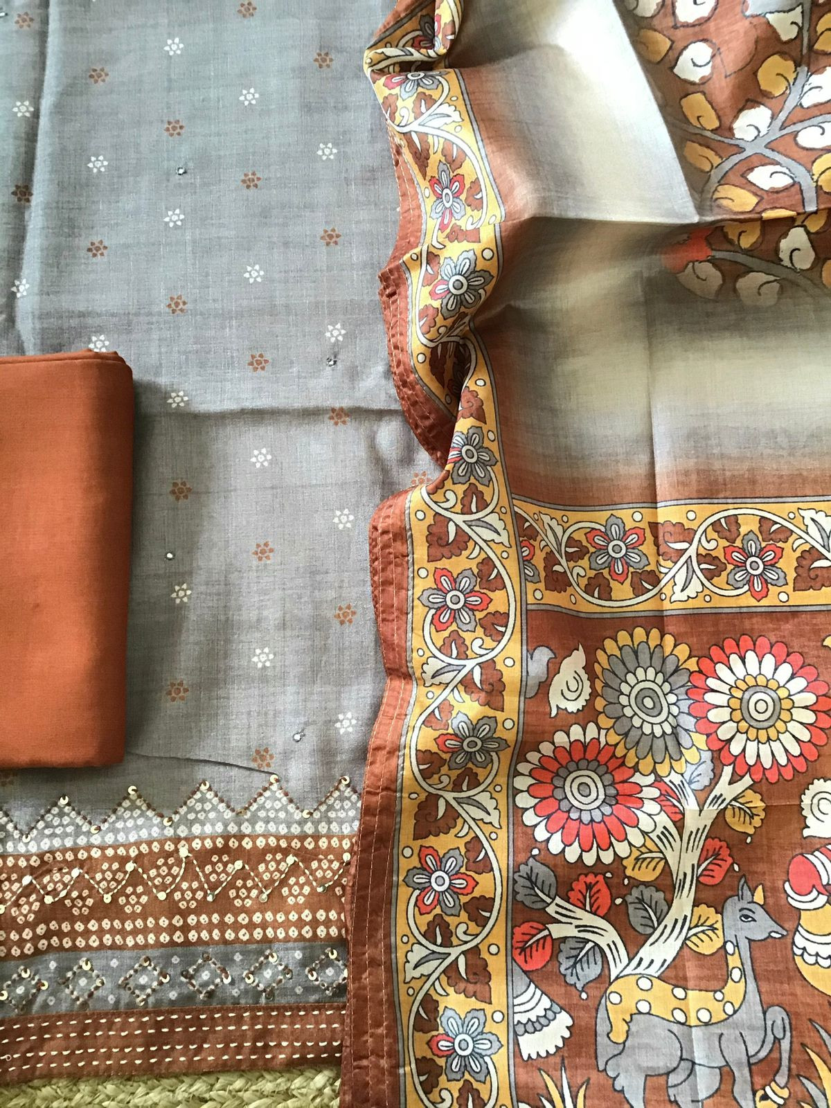 Soft Semi Tussar Printed Embroidered Suit - Grey