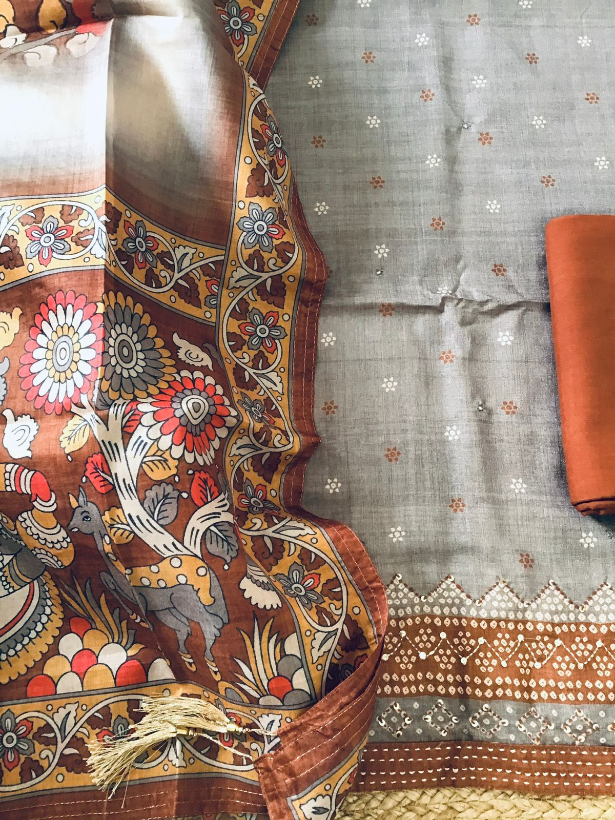 Soft Semi Tussar Printed Embroidered Suit - Grey