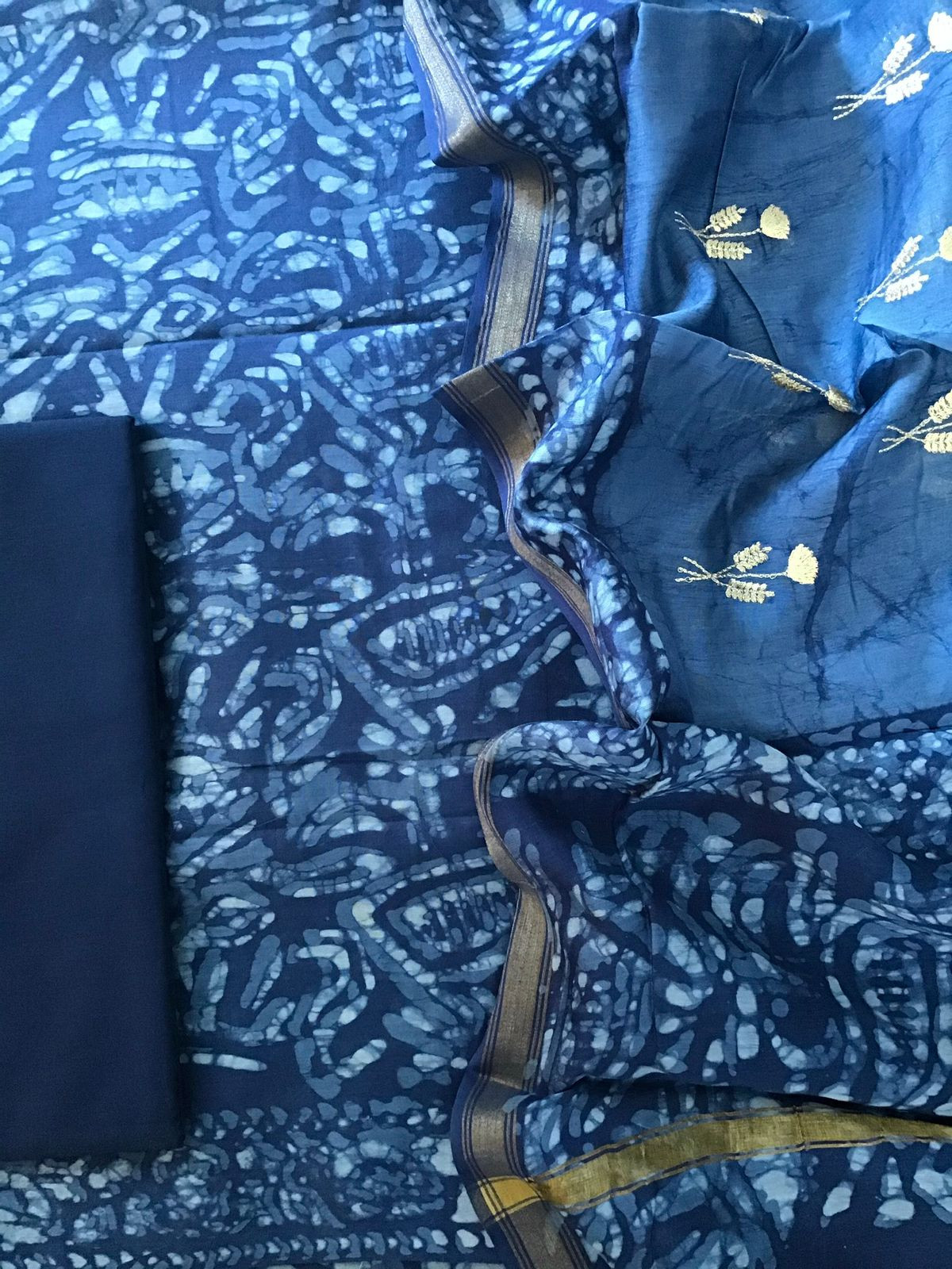 Pure Chanderi Batik Printed Embroidered Suit - Blue