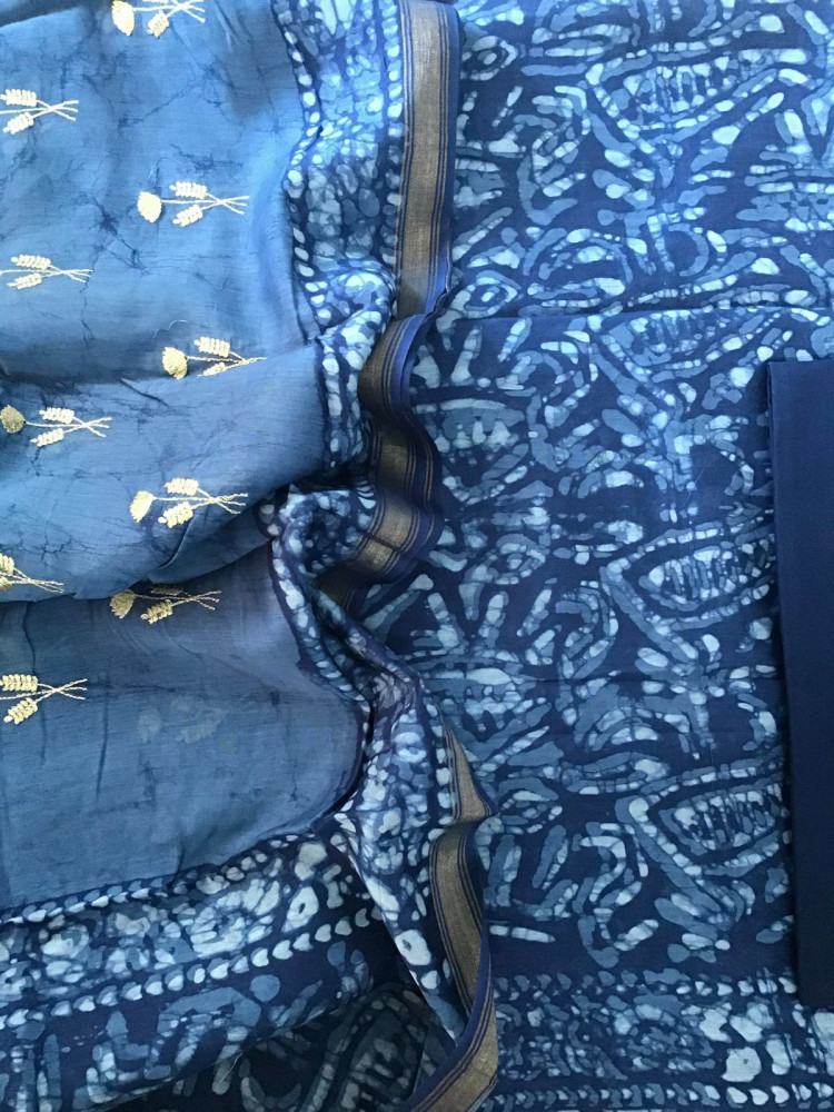 Image of Pure Chanderi Batik Printed Embroidered Suit - Blue