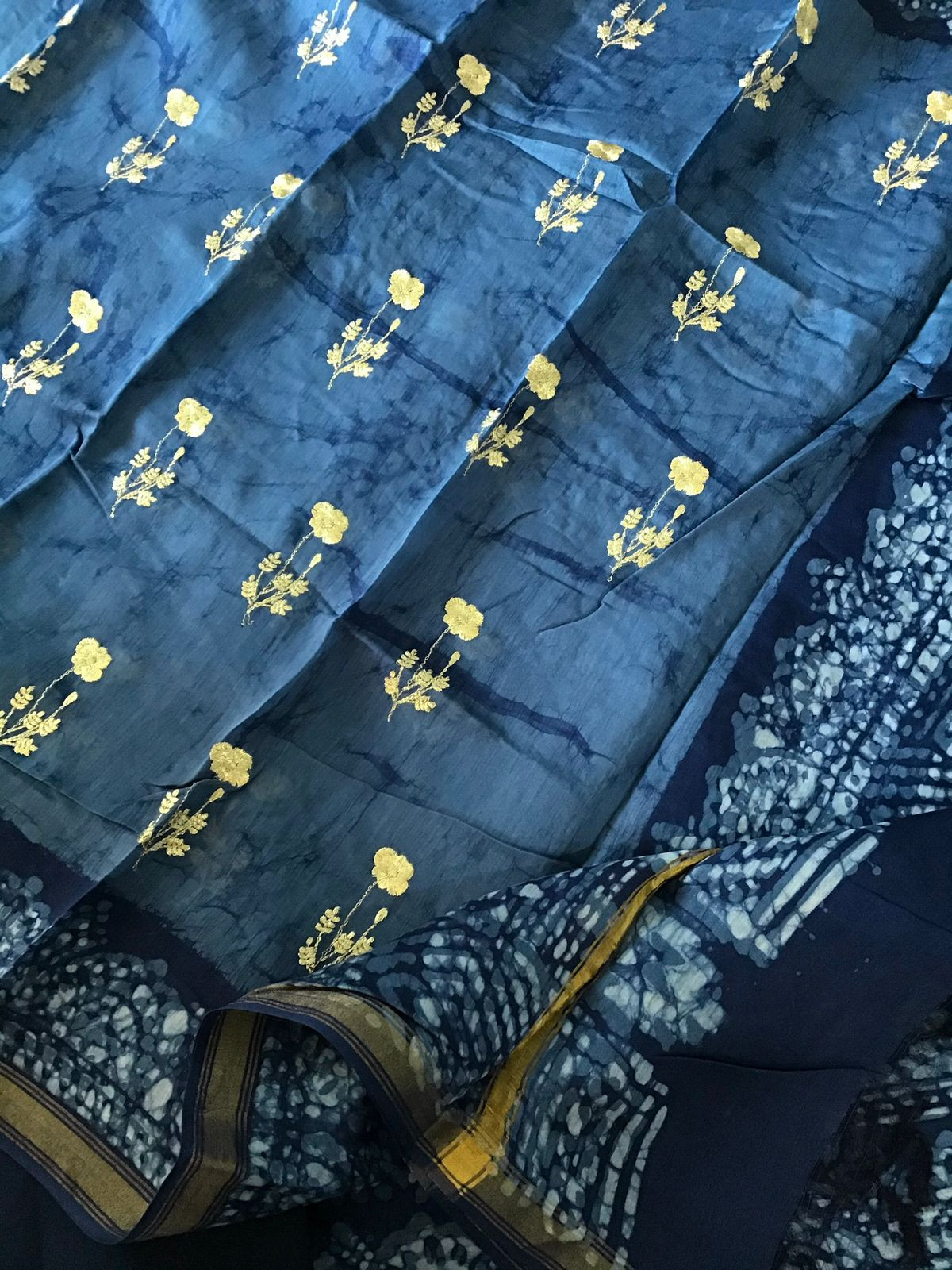 Pure Chanderi Batik Printed Embroidered Suit - Blue