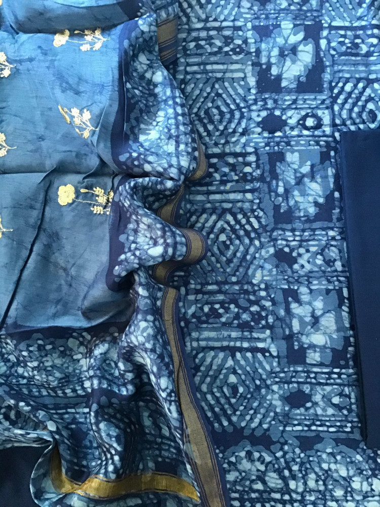 Image of Pure Chanderi Batik Printed Embroidered Suit - Blue