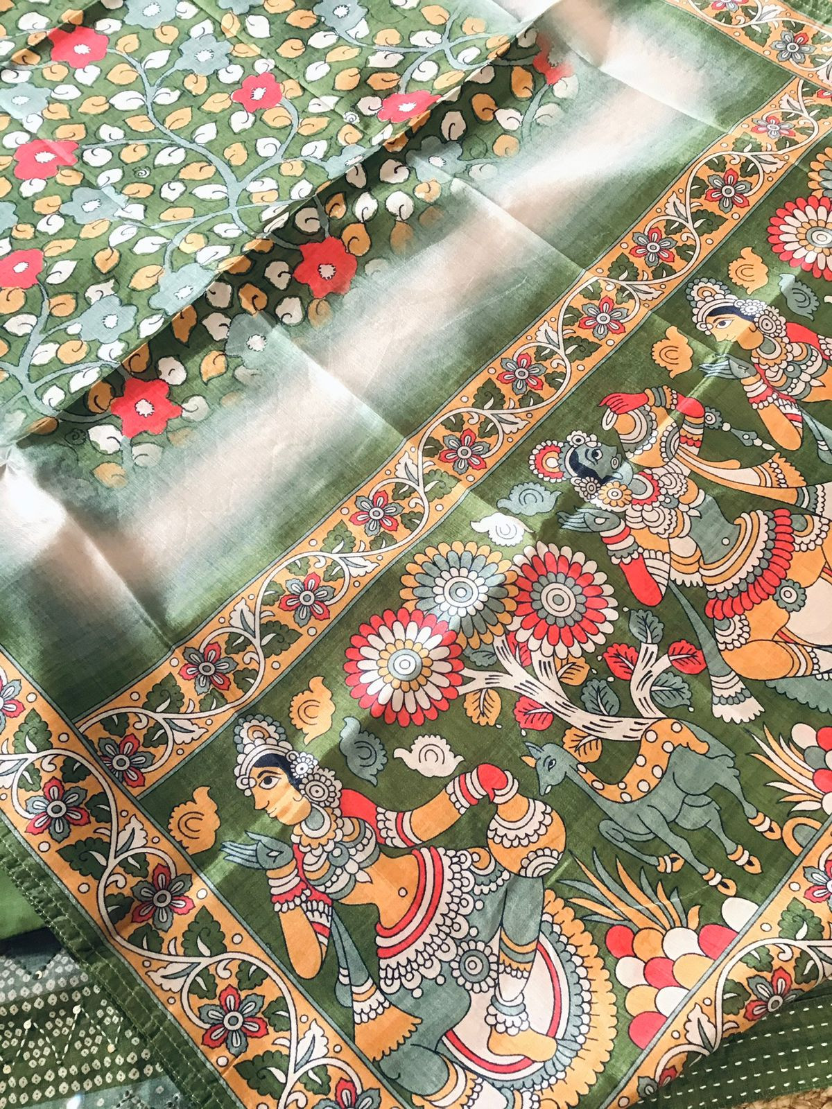 Soft Semi Tussar Printed Embroidered Suit - Green
