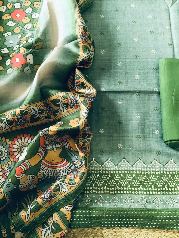 Image of Soft Semi Tussar Printed Embroidered Suit - Green