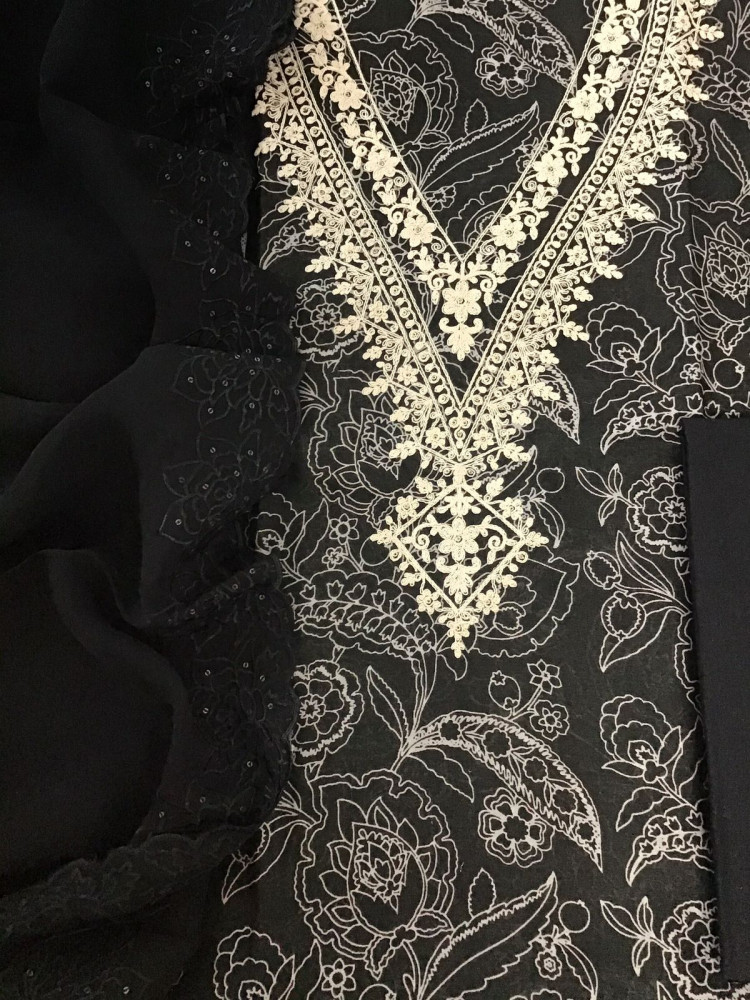 Image of Pure Chanderi Printed Embroidered Suit - Black