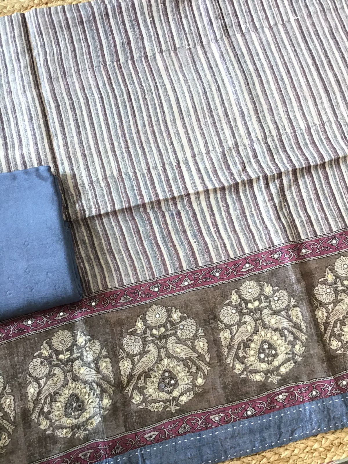 Soft Semi Tussar Printed Embroidered Suit - Brown