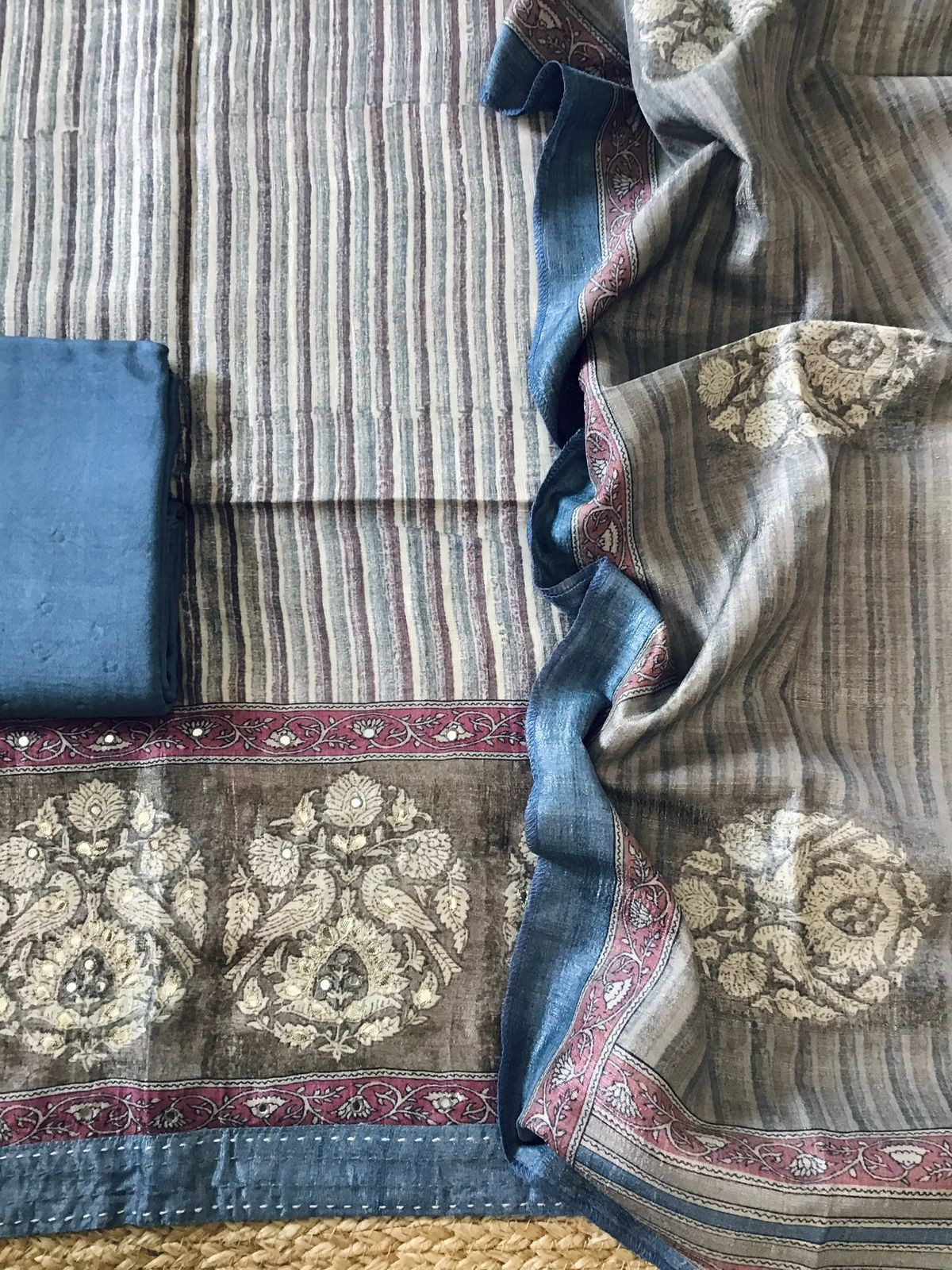 Soft Semi Tussar Printed Embroidered Suit - Brown
