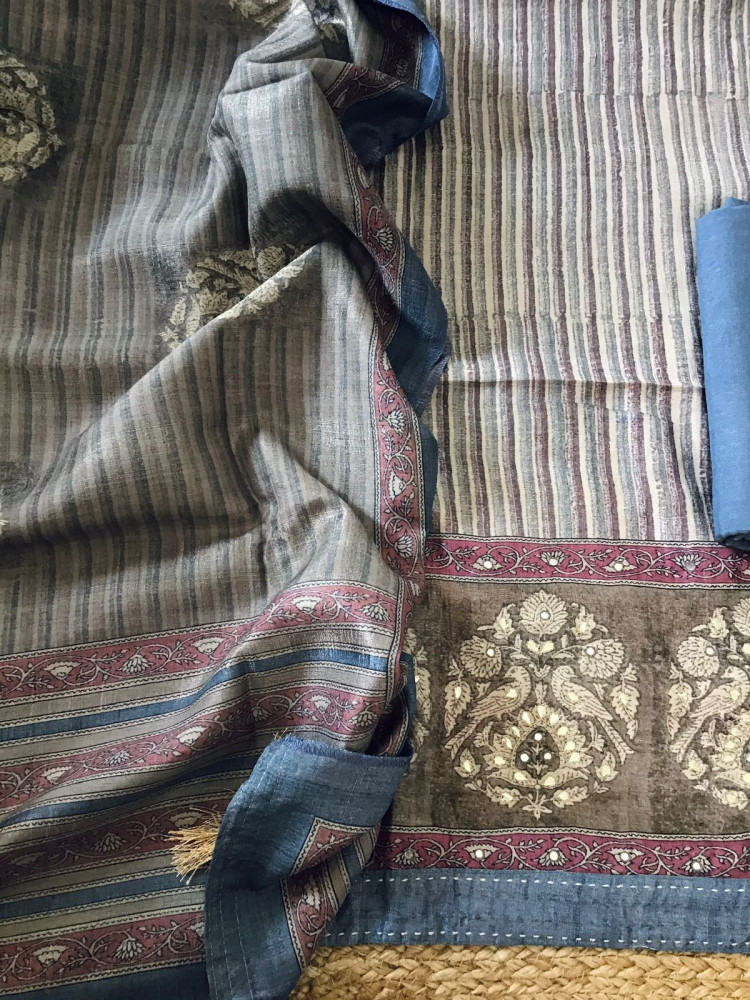 Image of Soft Semi Tussar Printed Embroidered Suit - Brown