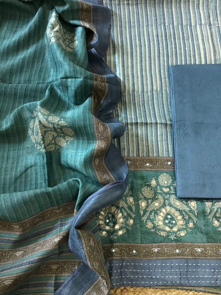 Image of Soft Semi Tussar Printed Embroidered Suit - Blue