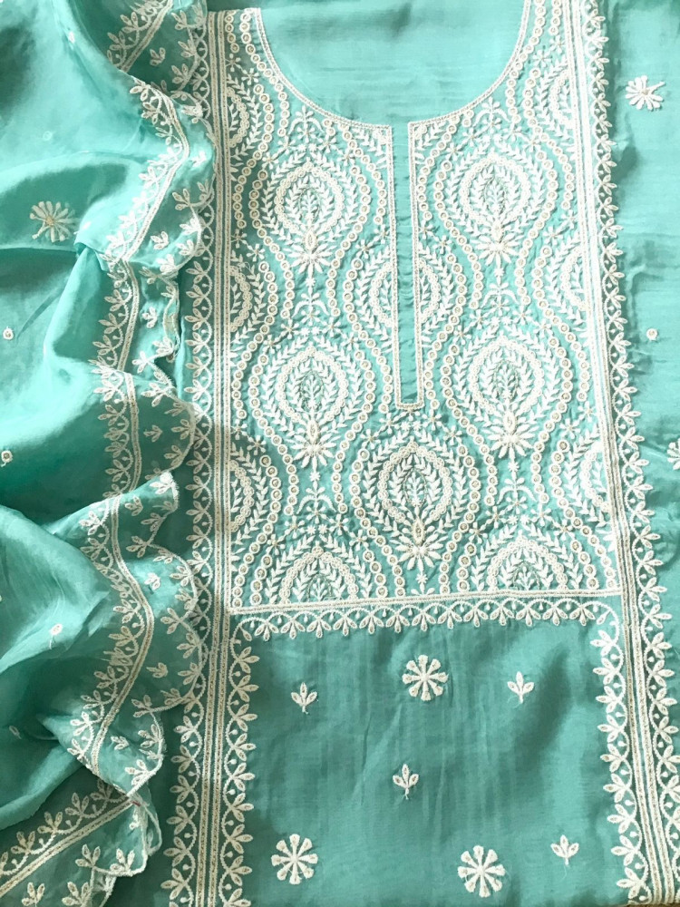 Image of Soft Fine Organza Embroidered Suit - Blue