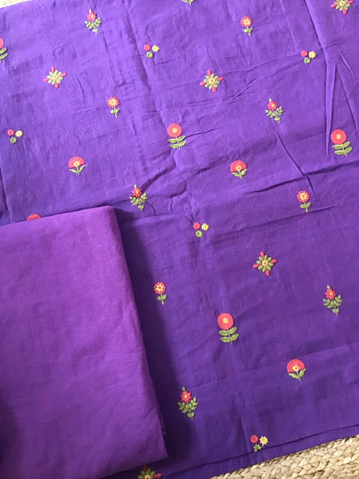 Pure Handloom Cotton Embroidered Suit - Violet