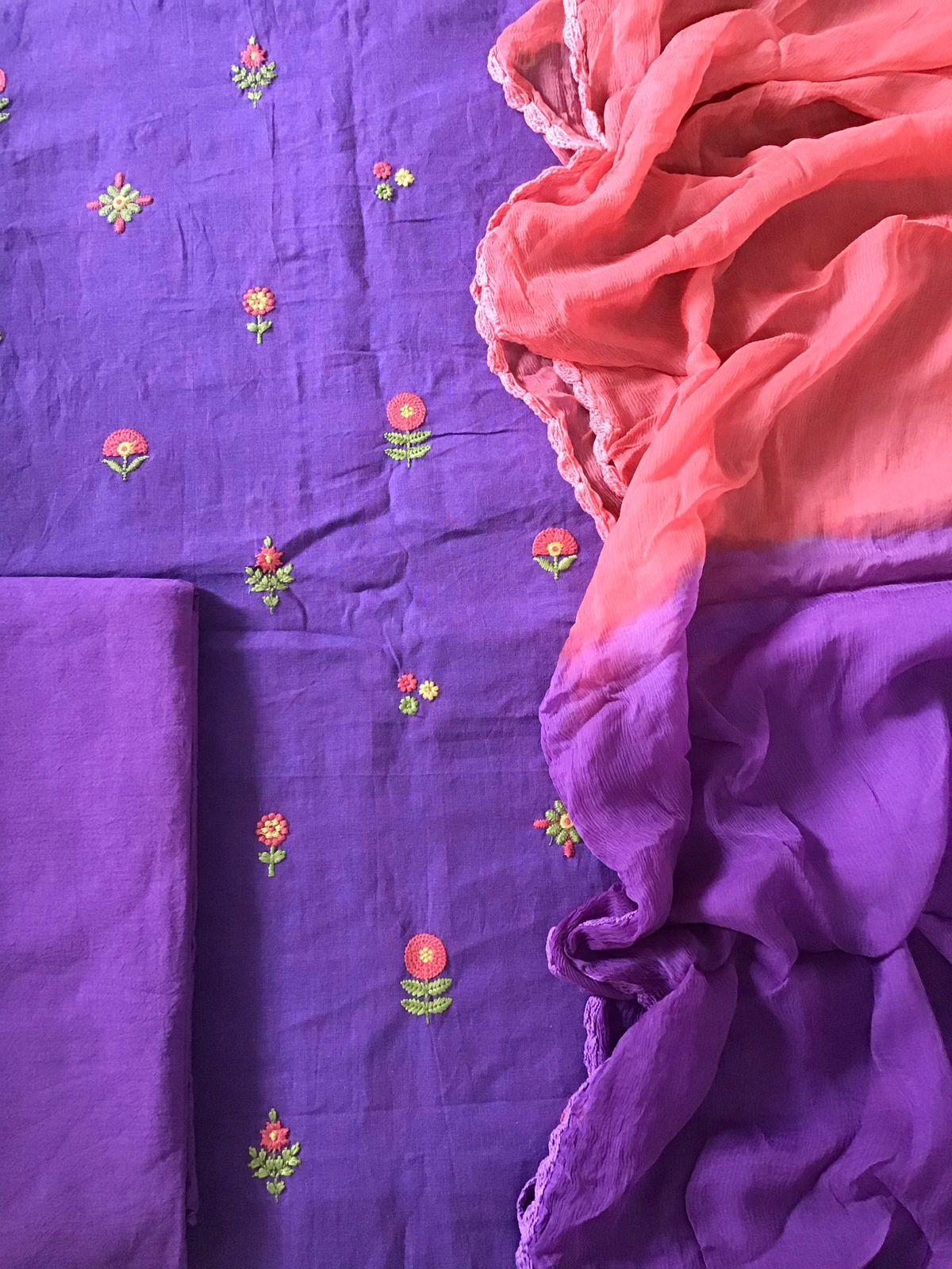 Pure Handloom Cotton Embroidered Suit - Violet