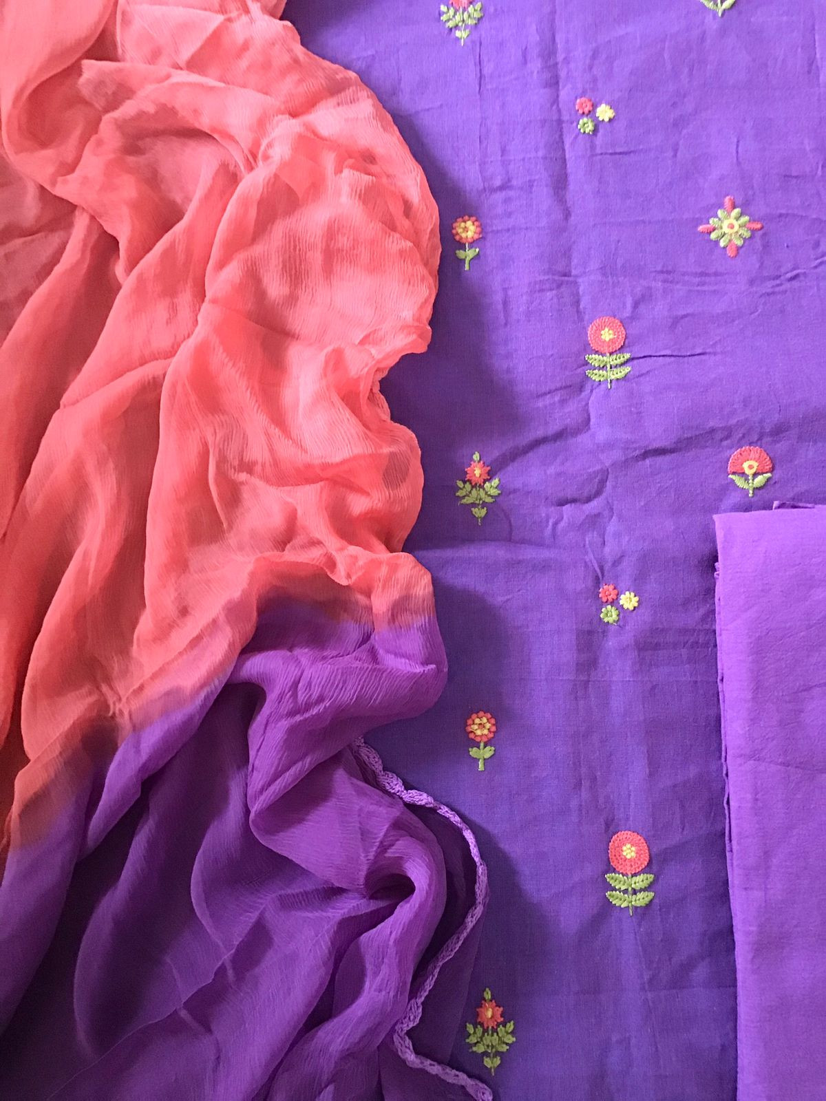 Pure Handloom Cotton Embroidered Suit - Violet