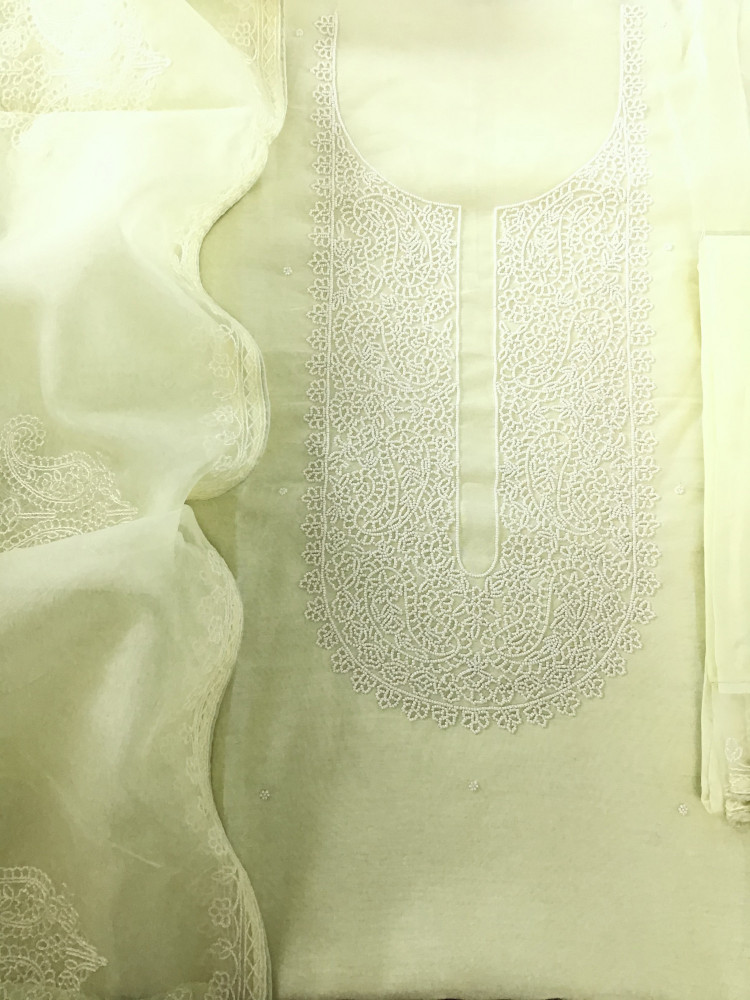 Image of Pure Chanderi Embroidered Suit - Yellow