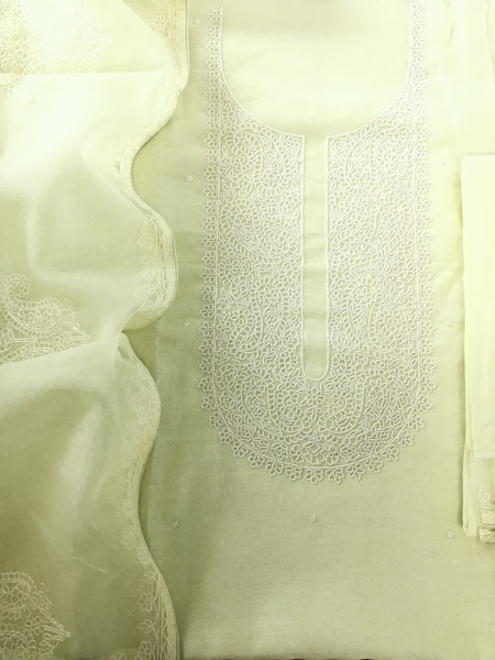 Image of Pure Chanderi Embroidered Suit - Yellow