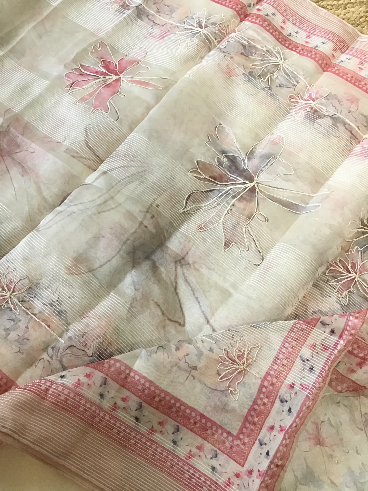 Soft Kora Chanderi Printed Embroidered Suit - Peachish Beige