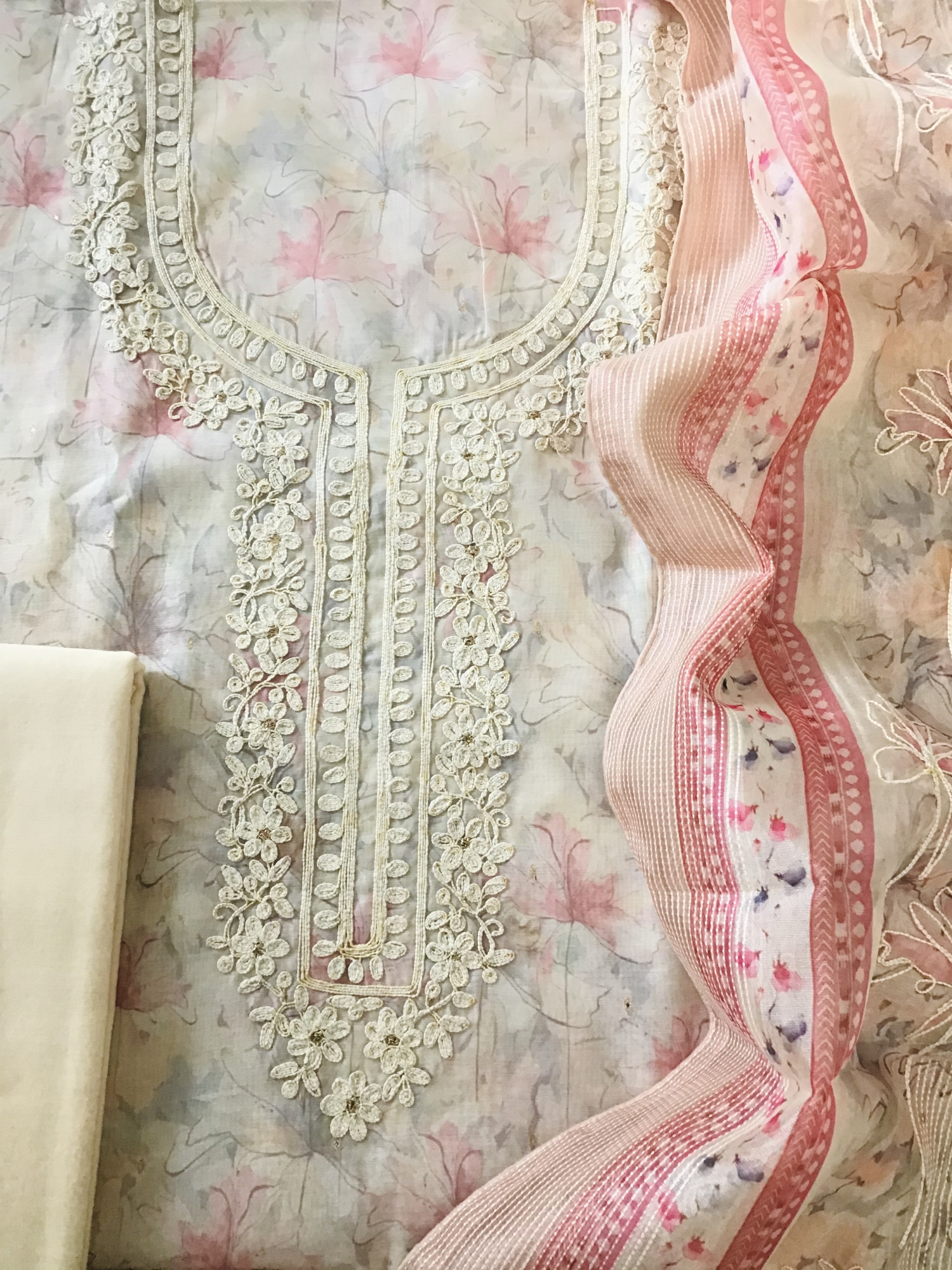 Soft Kora Chanderi Printed Embroidered Suit - Peachish Beige
