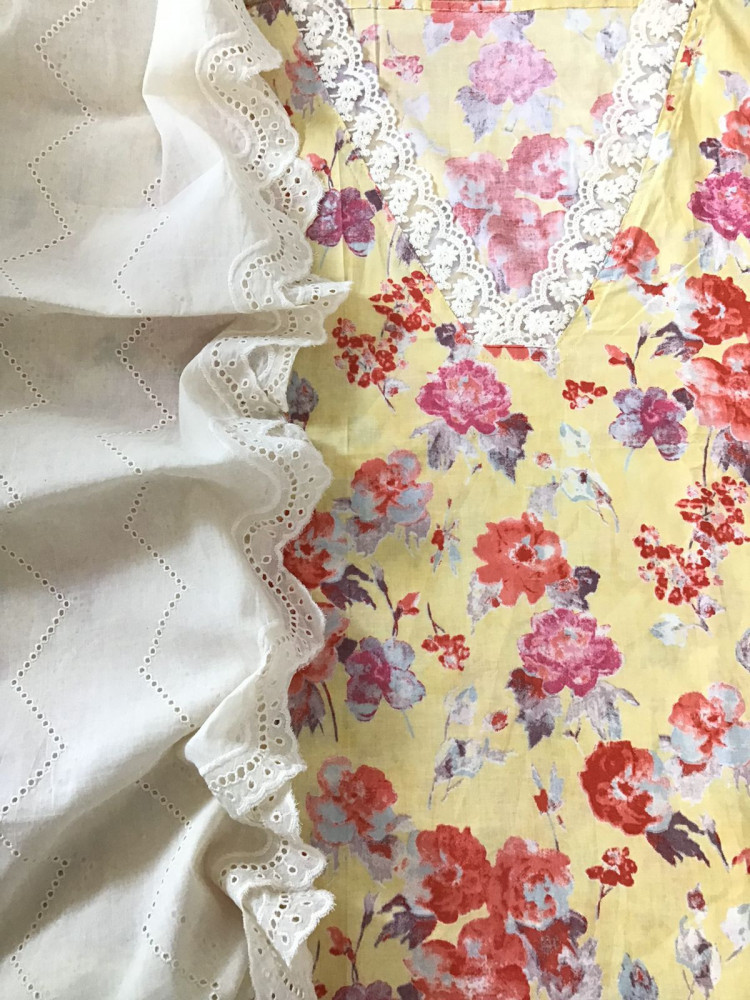 Image of Pure Mul Cotton Printed Embroidered Suit - Yellow