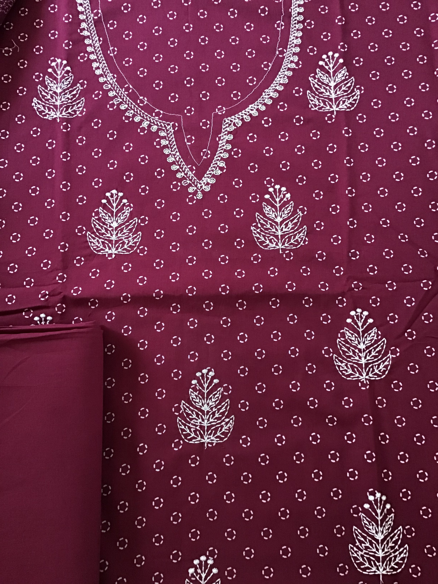 Pure Cotton Printed Embroidered Suit - Wine