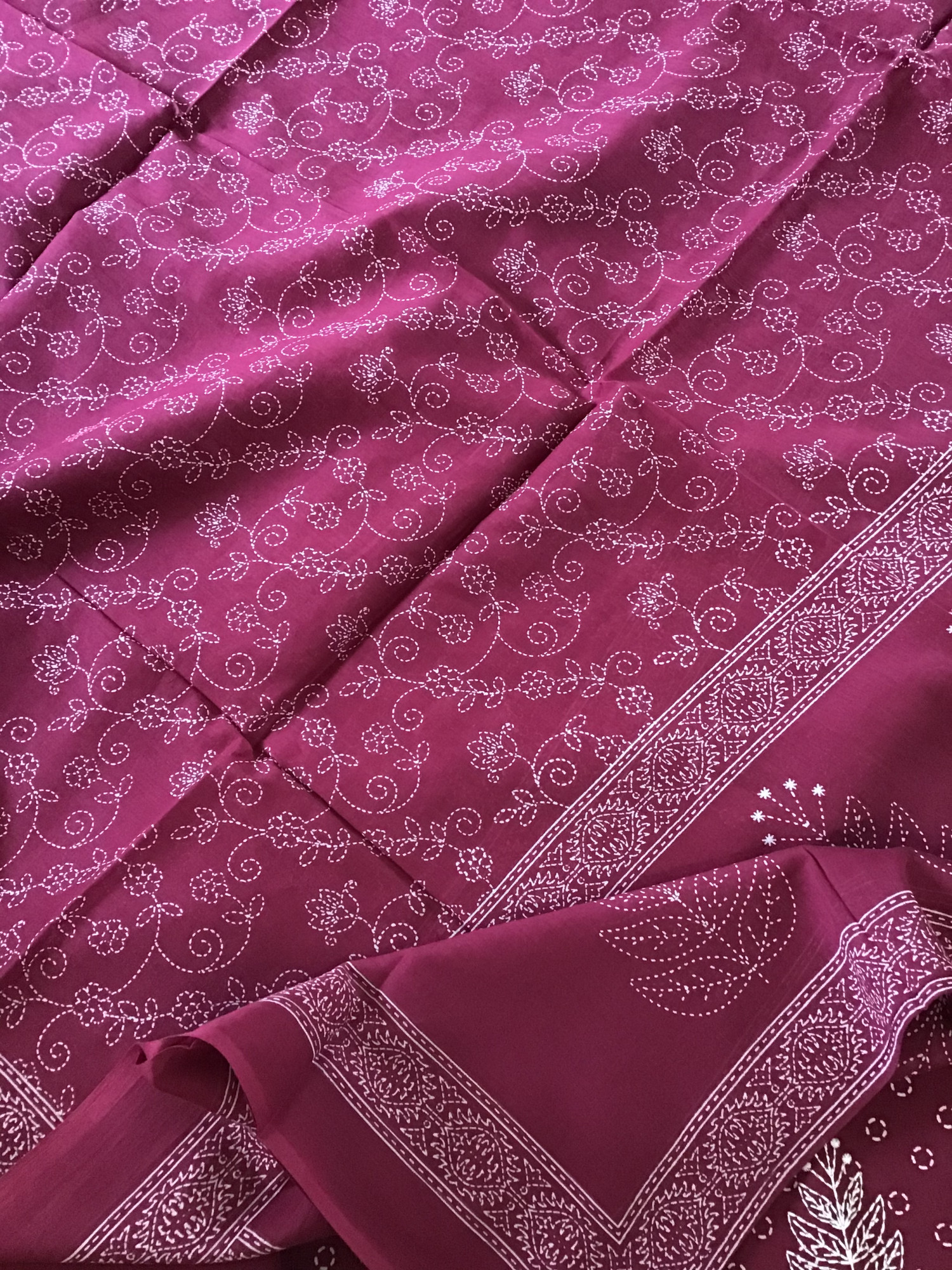 Pure Cotton Printed Embroidered Suit - Wine