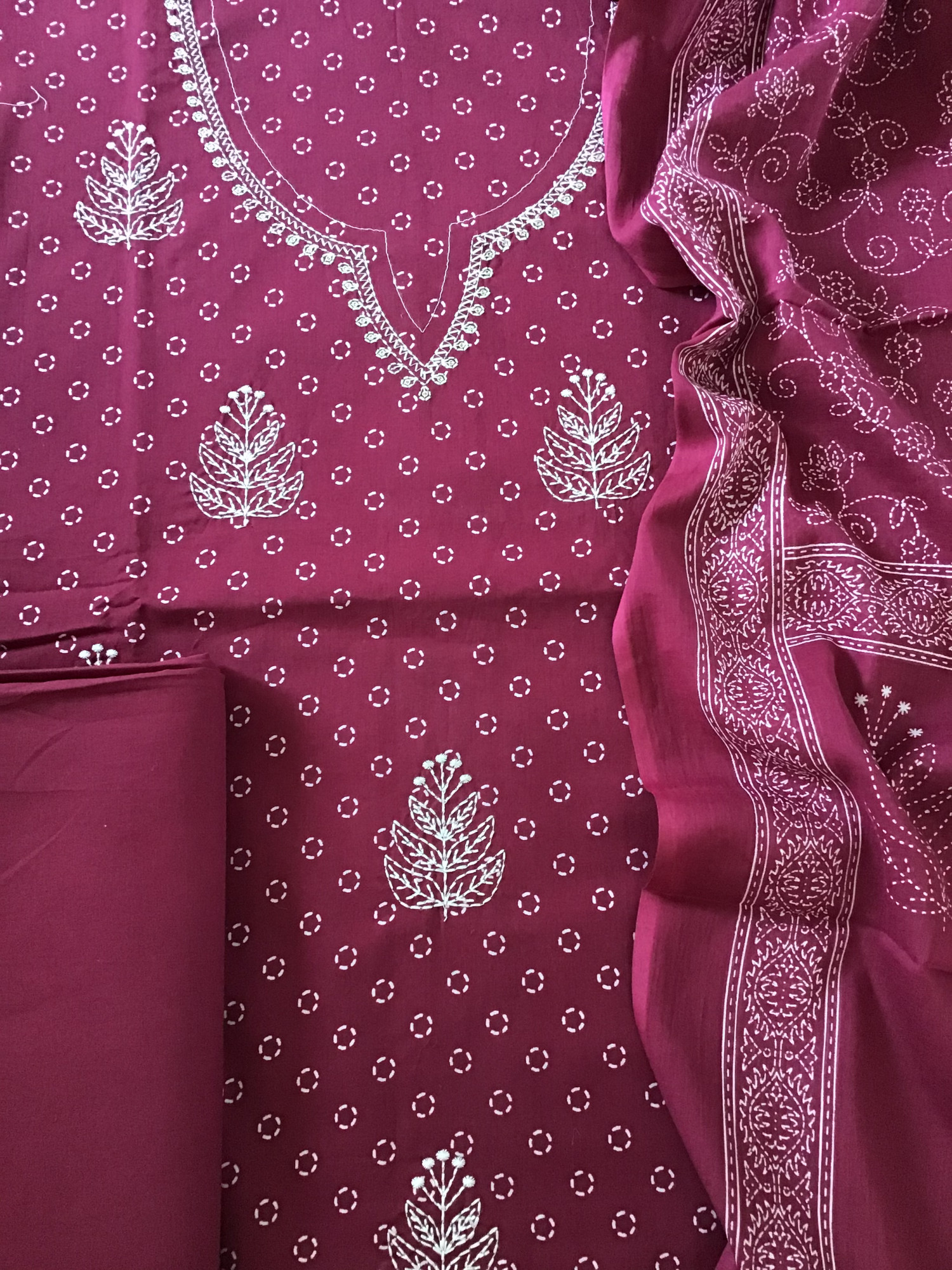 Pure Cotton Printed Embroidered Suit - Wine
