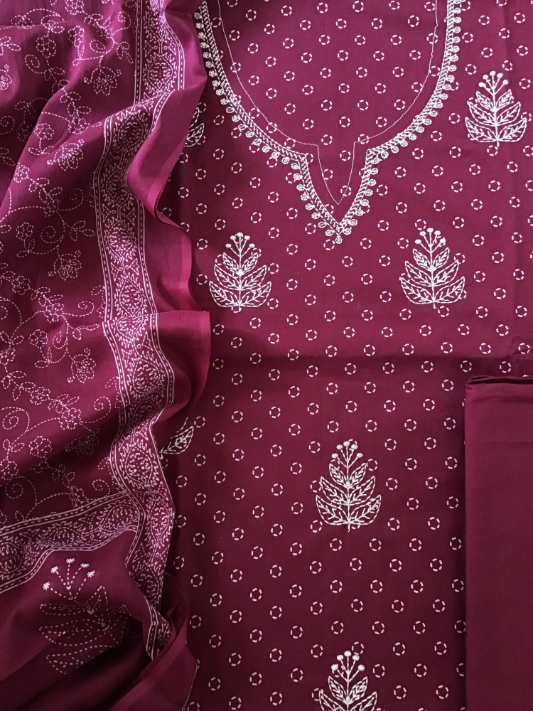 Image of Pure Cotton Printed Embroidered Suit - Wine