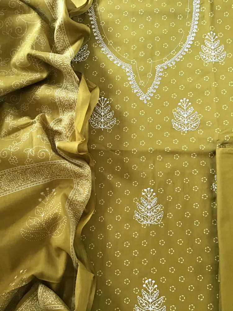 Image of Pure Cotton Printed Embroidered Suit - Yellow