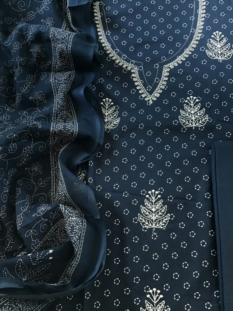 Image of Pure Cotton Printed Embroidered Suit - Blue