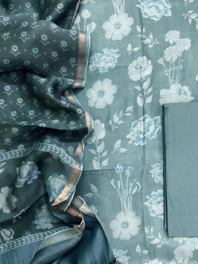 Image of Pure Maheshwari Silk Printed Suit - Blue