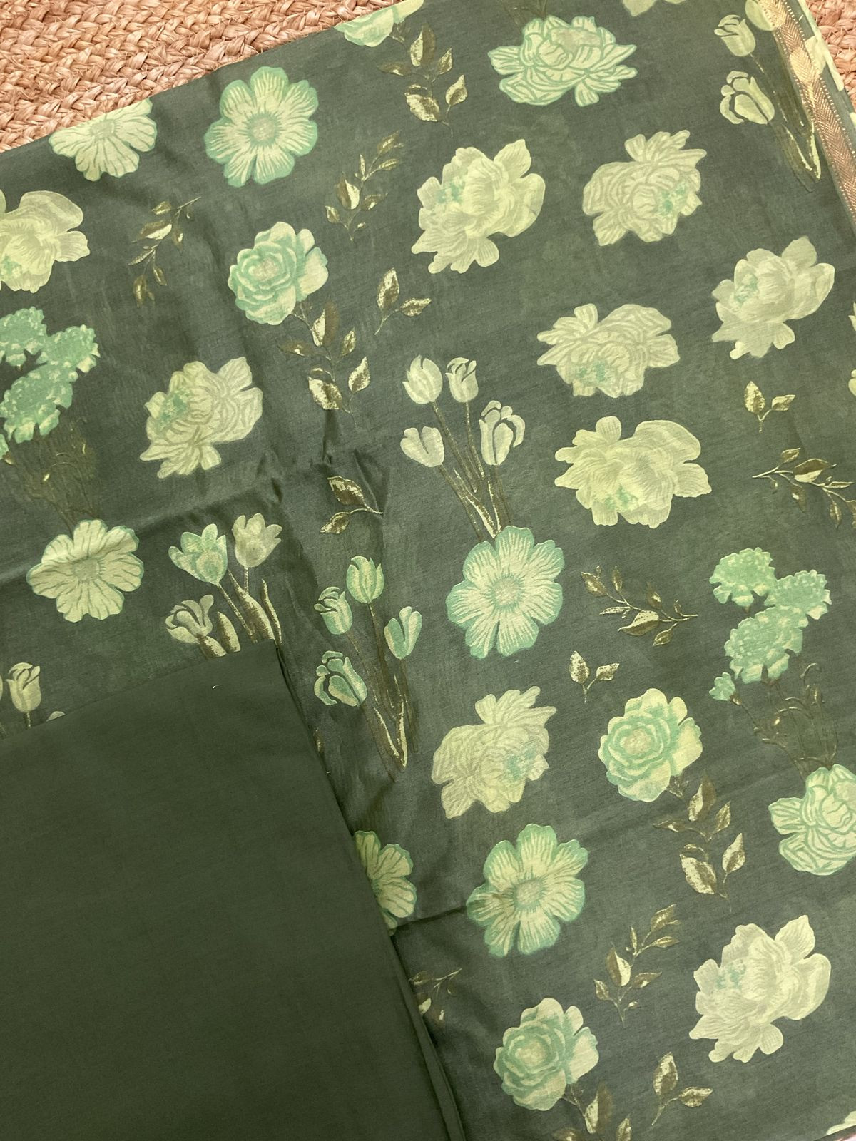 Pure Maheshwari silk Printed Suit - Green