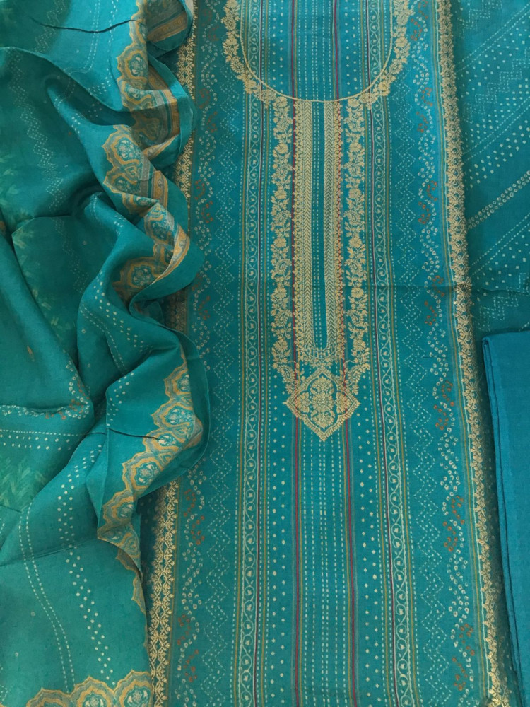 Image of Pure Upada Silk Printed Banarasi Weaved Suit - Blue