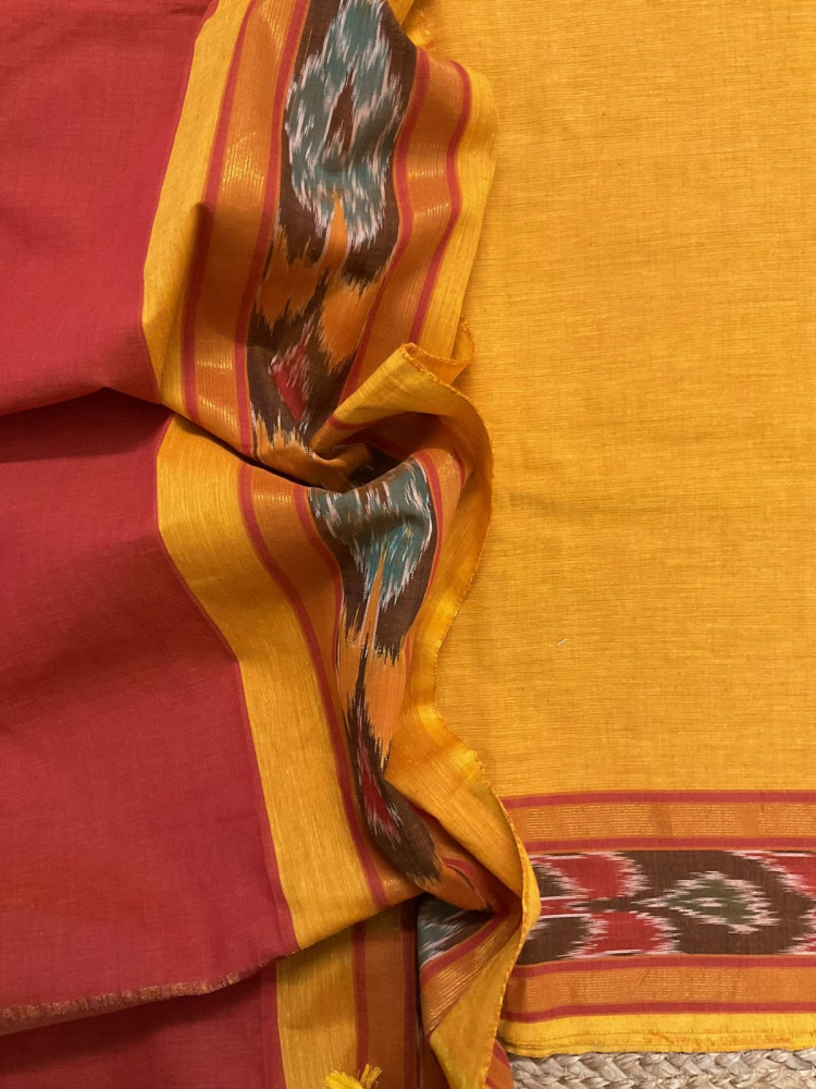 Image of Pure Handloom Cotton Self Weaved Suit - Yellow