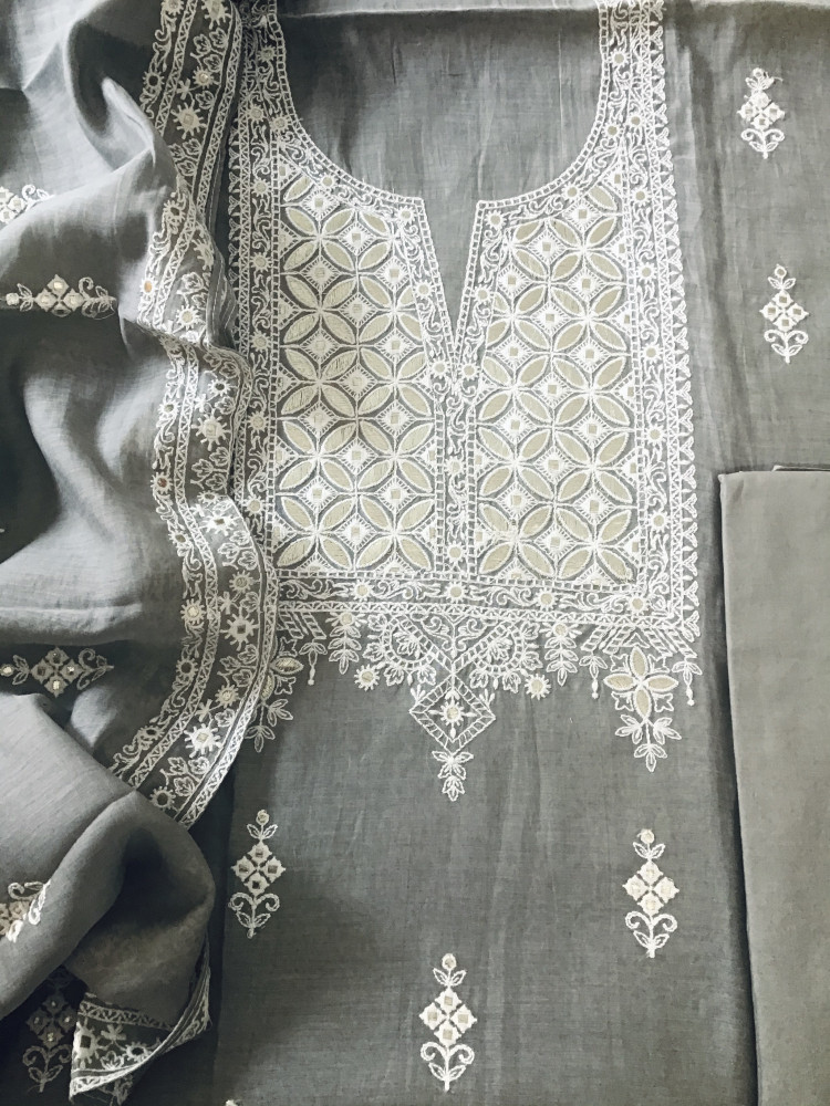 Image of Pure Mul Chanderi Embroidered Suit - Grey