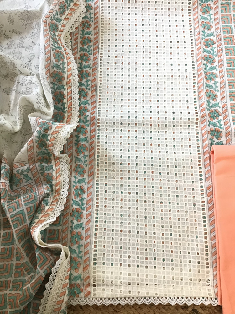 Image of Pure Cotton Printed Embroidered Suit - Offwhite