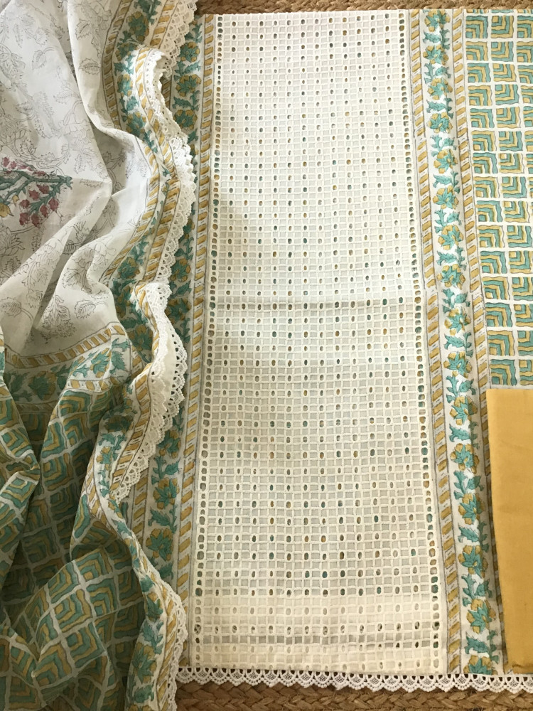 Image of Pure Cotton Printed Embroidered Suit - Offwhite