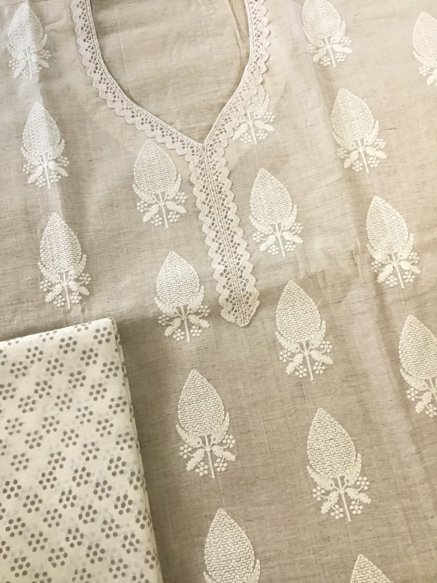 Soft Slub Chanderi Embroidered Suit - Beige