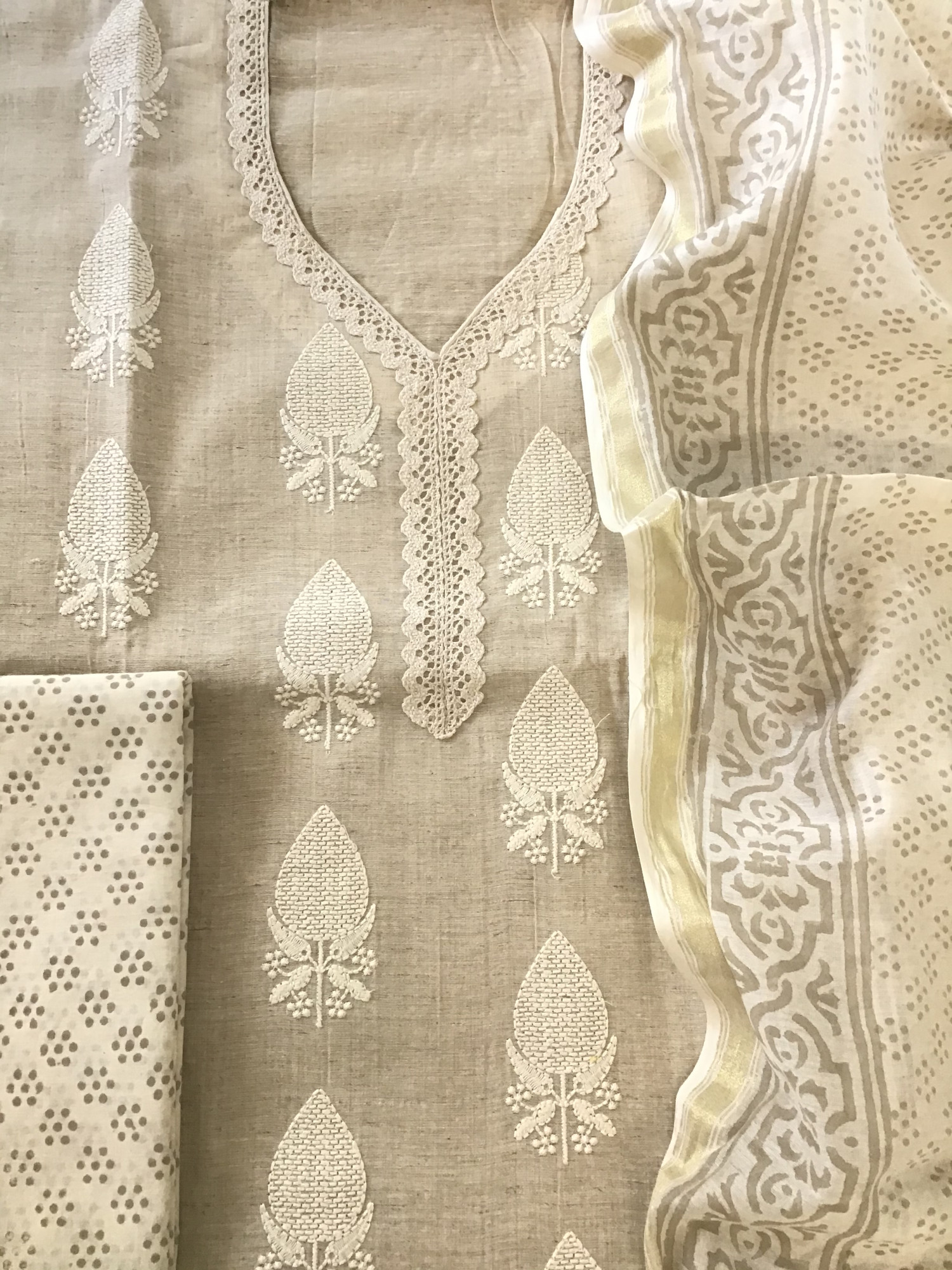 Soft Slub Chanderi Embroidered Suit - Beige