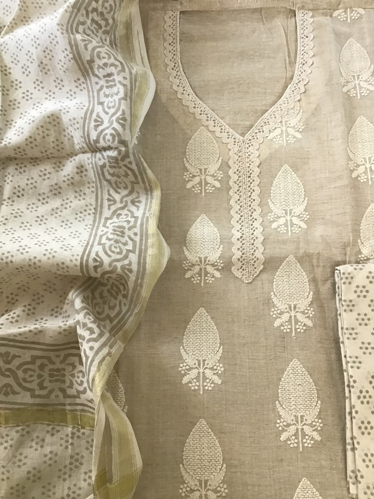 Image of Soft Slub Chanderi Embroidered Suit - Beige