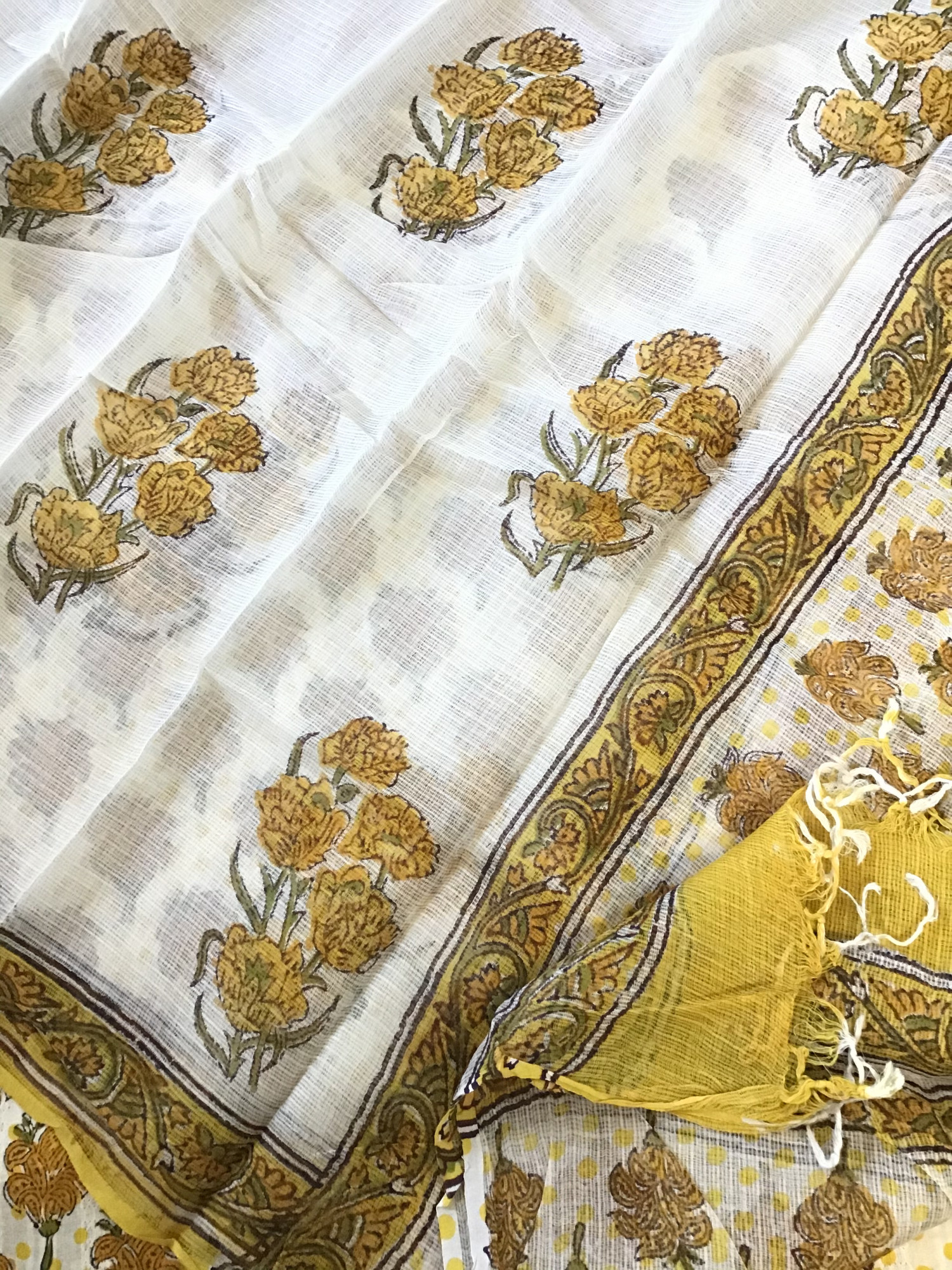 Pure Cotton Self Weaved Printed Suit - WhiteYellow